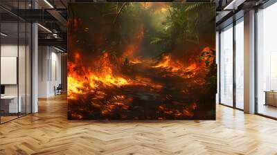 a fire rages through the jungle blocking the path ahead Wall mural