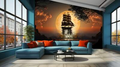 A ghost pirate ship floating on a cold dark blue sea landscape with a starry night sky background and water reflection. Wall mural