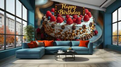 A gold banner with a happy birthday message decorates the birthday cake Wall mural