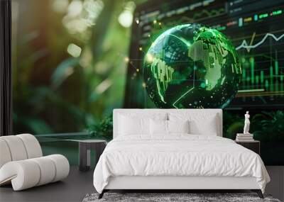 A green globe with a stock chart on the laptop screen. Green business concept. Digital sustainability. Future green energy innovation business trend. Wall mural