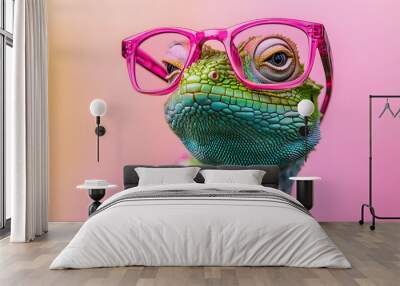 A green lizard wearing pink glasses Wall mural