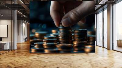 A hand is reaching for a stack of coins Wall mural