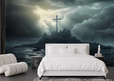 A large cross on a rocky island, surrounded by a dark, stormy sea under a dramatic sky with emerging sunlight, ai generative Wall mural