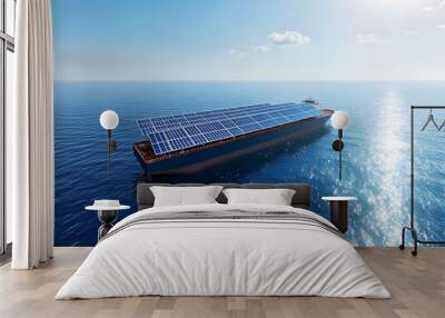 A large ship or barge with solar panels on top, sailing across a blue ocean under a clear sky. Wall mural