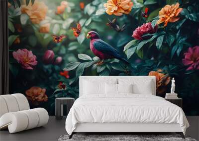 A lush floral paradise with colorful blooms and fluttering birds is displayed on a dark background Wall mural