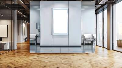 A mockup of an empty white poster on the wall in modern hospital waiting room with comfortable chairs and medical equipment. empty white blank poster on white wall in hospital, white board Wall mural