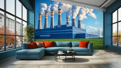 A modern industrial power plant emitting smoke with colorful chimneys under a blue sky, symbolizing energy production and industry. Wall mural