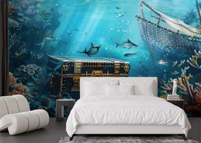 A painting depicting an underwater scene with a treasure chest nestled among colorful coral reef, surrounded by various sea creatures Wall mural