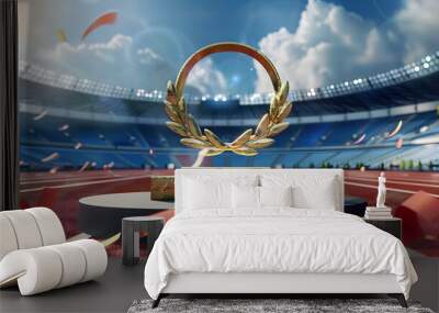 A podium with gold Olympic medal and laurel wreaths on open stadium Wall mural