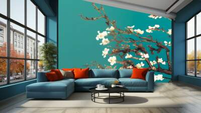 a sakura branch on teal background, In the style of van Gogh Wall mural