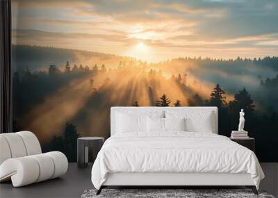 A serene sunrise over a foggy forest, with rays of light streaming through the trees and illuminating the landscape Wall mural