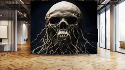 A skull with a bunch of roots growing out from it, AI Wall mural