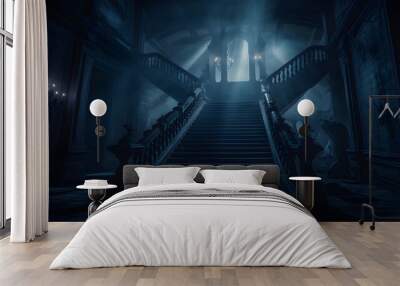 A spooky mansion at night. Spooky staircase with fog and a glowing ghostly apparition. . Wall mural