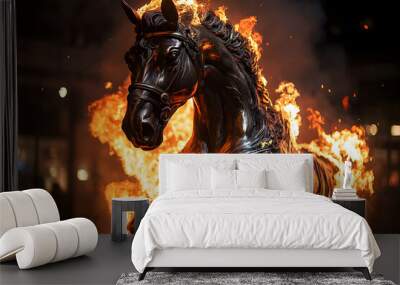 A striking bronze horse sculpture dramatically surrounded by flames in a nighttime exhibition Wall mural