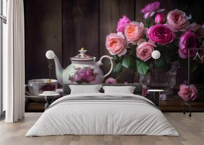 a tall blooming pink rose, Wooden table, tea cup, teapot, there are flowers in full bloom Wall mural