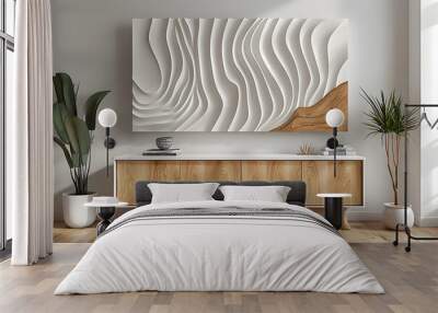 a white dresser with a wooden wall mounted wall art Wall mural