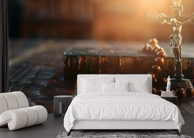 A wooden table with the Catholic Church liturgy and rosary beads Wall mural