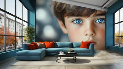 A young boy with brown hair and blue eyes is looking at the camera Wall mural