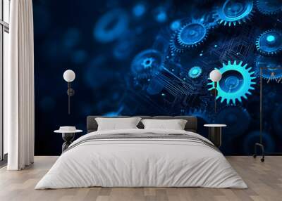 Abstract blue digital technology background with gears and cogs, dark color palette Generative AI Wall mural