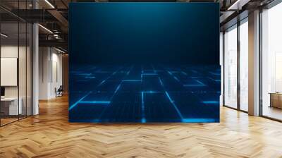 Abstract blue grid perspective design background with lighting. High technology lines landscape connect of future Wall mural