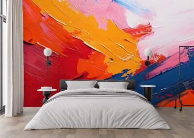 Abstract bold primary color heavy acrylic paint shapes and brushstrokes texture pattern background. Dynamic composition, red, orange, modern art painting wallpaper backdrop Wall mural