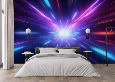 Abstract flight in retro neon hyper warp space in the tunnel 3d illustration Wall mural