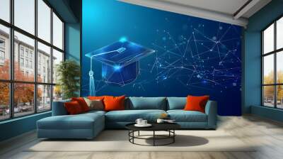 Abstract low poly wireframe of digital modern education concept with graduation hat on blue background Digital illustration symbol for online learning, knowledge and innovation Generative AI Wall mural