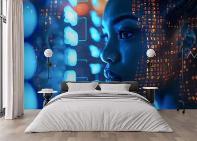 AI cyber security threat illustration, african american female IT specialist analysing data information technology, augmented reality artificial intelligence blue collage, matrix numbers, copy space Wall mural