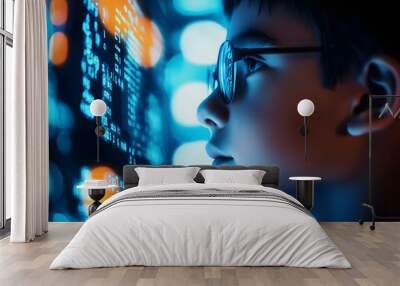 AI cyber security threat illustration, school student learning data coding information technology, augmented reality artificial intelligence collage, side profile, copy space Wall mural