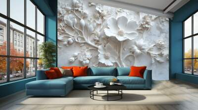 AI generated illustration an intricate white bas-relief sculpture of flowers on a wall Wall mural