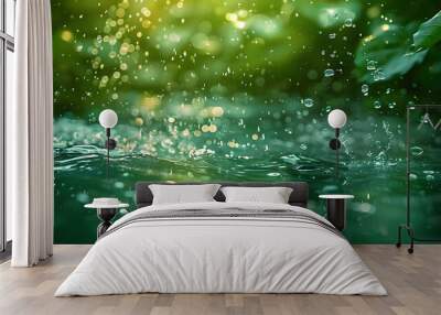 An abstract blurred transparent green colored clear calm water surface texture with splashing, bubbles. Shining green ripples on a swimming pool surface. Coastal green water texture. Wall mural