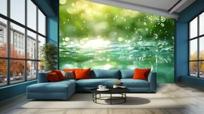 An abstract blurred transparent green colored clear calm water surface texture with splashing, bubbles. Shining green ripples on a swimming pool surface. Coastal green water texture. Wall mural