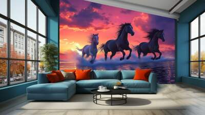 An image of three horses running in the water amidst a beautiful sky and pink clouds. Wall mural