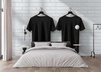 An image of two white walls with a black blank t-shirt hanging on them, ready for your design to be placed on them. Wall mural