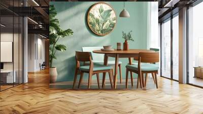 An interior design of a Scandinavian, mid-century home with chairs in mint color and a round wooden dining table beside a green wall. Wall mural