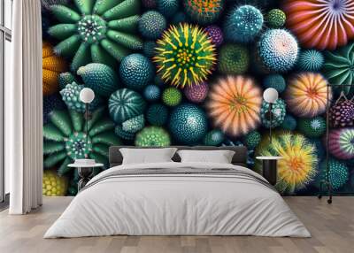 An overhead view of a colorful collection of different shapes and sizes of cacti AI generated illustration Wall mural