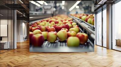 Apples in a food processing facility, clean and fresh, ready for automated packing. Concept for a healthy food company with automated manufacturing of food and fruits. Generative AI Wall mural