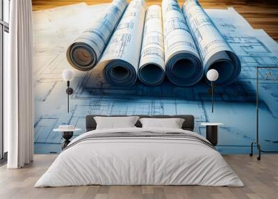 Architectural Drawings Rolled up on Blueprint Paper for Easy Storage and Transport Wall mural