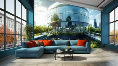 Architecture, environment and future with buildings in city for carbon footprint, eco friendly and futuristic. Ai generated, glass and construction with house for green, ecology and sustainability Wall mural