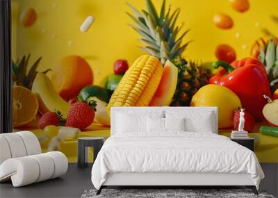 Assorted fruits and vegetables with pills on yellow background, concept of health and nutrition Wall mural