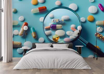 Assorted medication under magnifying glass on blue background Wall mural