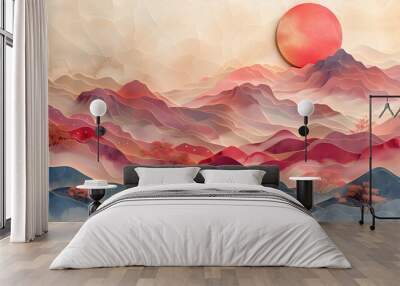 background mountain landscape cut paper layers effect mist soft pink beige brown, sun moon clouds, japanese etching, light colors, lines waves, imaginary magic dream fantasy, fairy tale, orange fog Wall mural