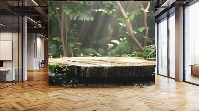 Background podium jungle product platform 3D green wood display pedestal. Background podium jungle tree nature leaf tropical cosmetic summer forest plant garden stage water presentation stone table. Wall mural