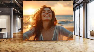 Backlit Portrait of calm happy smiling free woman with open arms and closed eyes enjoys a beautiful moment life on the seashore at sunset generative ai Wall mural