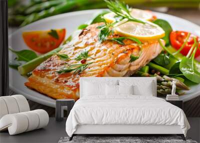 Baked salmon with green salad and asparagus served on white plate, delicious, meal, food, healthy, seafood Wall mural