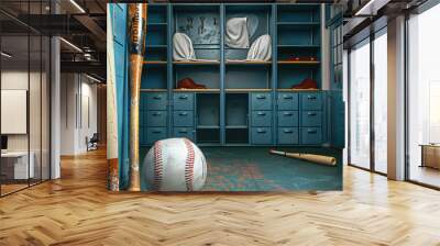 Baseball ball and bat in a school locker room. Baseball sport equipment and training concept. Wall mural