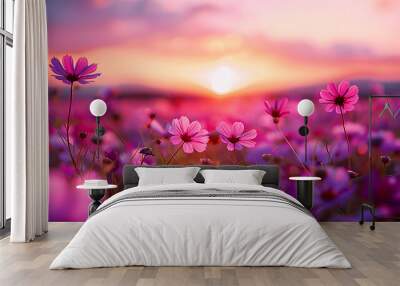 beautiful colorful meadow of wild flowers floral background, landscape with purple pink flowers with sunset and blurred background. Soft pastel Magical nature copy space Wall mural