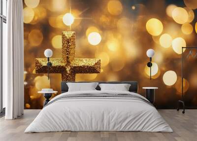 Beautiful gold bokeh background with a christian cross Wall mural