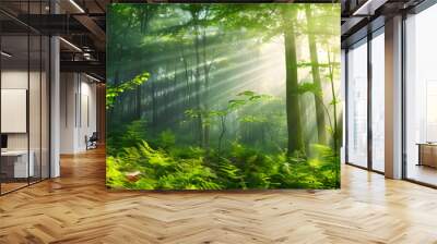 Beautiful rays of sunlight in a green forest Wall mural