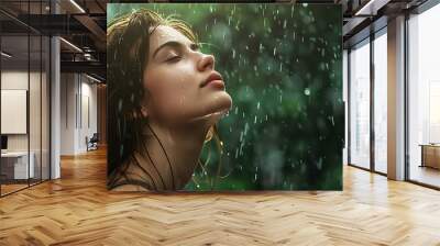 beautiful young woman standing in the rain with green forest background Wall mural